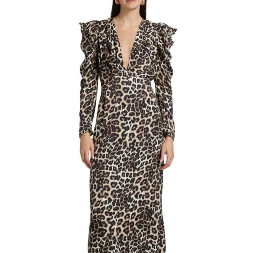 NWT! FARM RIO Leopard Print V-Neck Midi Dress Natural Cream Size XS